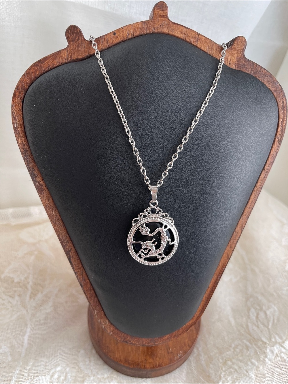Silver Dragon Round Pendant Necklace in Silver Tone